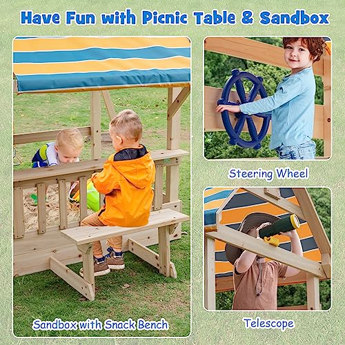 Costzon Wooden Swing Set for Backyard, All Solid Fir Outdoor Play Center with Swings, Wave Slide, Monkey Bars, Climbing Wall, Sandbox, Picnic Table, Heavy-Duty Playground Playset for Kids Toddlers