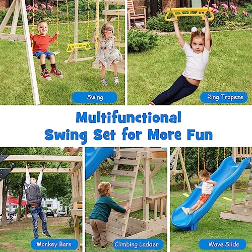 Costzon Wooden Swing Set for Backyard, All Solid Fir Outdoor Play Center with Swings, Wave Slide, Monkey Bars, Climbing Wall, Sandbox, Picnic Table, Heavy-Duty Playground Playset for Kids Toddlers