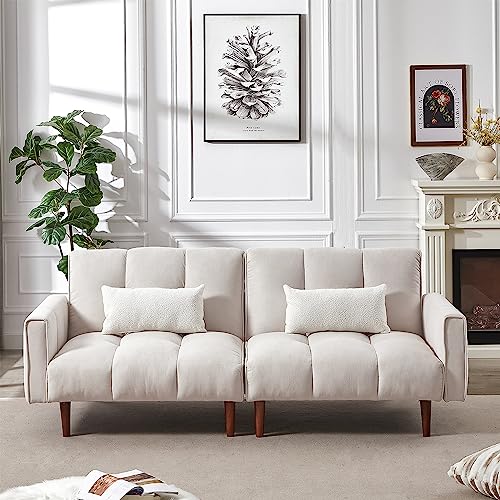 Antetek 81-inch Futon Sofa Bed, Modern Tufted Linen Fabric Convertible Sleeper Sofa Couch, Oversized Loveseat Sofa with 3 Adjustable Positions and 8 Wooden Legs for Living Room Office, Beige