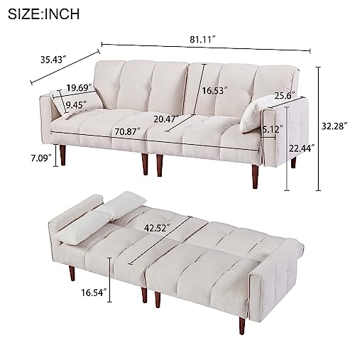 Antetek 81-inch Futon Sofa Bed, Modern Tufted Linen Fabric Convertible Sleeper Sofa Couch, Oversized Loveseat Sofa with 3 Adjustable Positions and 8 Wooden Legs for Living Room Office, Beige