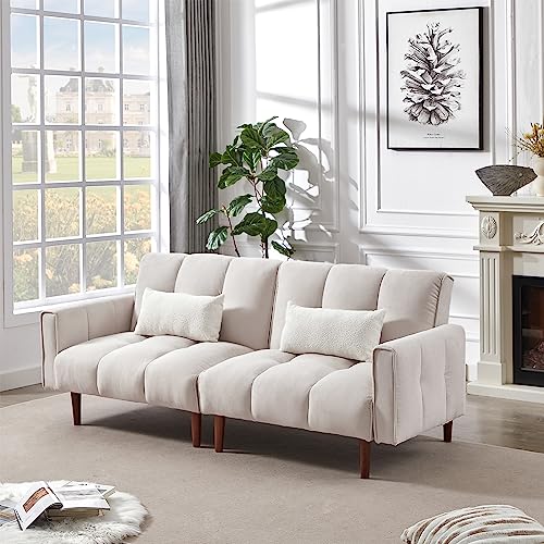 Antetek 81-inch Futon Sofa Bed, Modern Tufted Linen Fabric Convertible Sleeper Sofa Couch, Oversized Loveseat Sofa with 3 Adjustable Positions and 8 Wooden Legs for Living Room Office, Beige