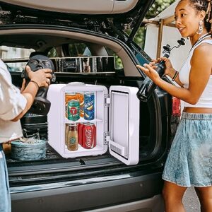 FDLQEOR Mini Fridge White with Dimmable LED Mirror(6Liter/8Can),AC/DC Powered,Cooler or Warmer, for Makeup, Skincare,Drinks and Food, Portable Mini Refrigerator for Bedroom, Office, Car