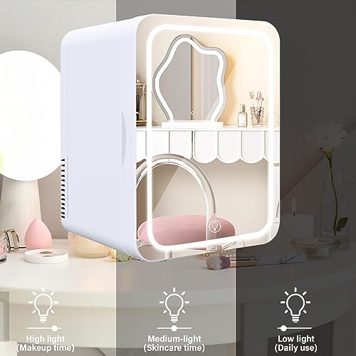 FDLQEOR Mini Fridge White with Dimmable LED Mirror(6Liter/8Can),AC/DC Powered,Cooler or Warmer, for Makeup, Skincare,Drinks and Food, Portable Mini Refrigerator for Bedroom, Office, Car