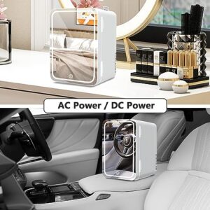 FDLQEOR Mini Fridge White with Dimmable LED Mirror(6Liter/8Can),AC/DC Powered,Cooler or Warmer, for Makeup, Skincare,Drinks and Food, Portable Mini Refrigerator for Bedroom, Office, Car