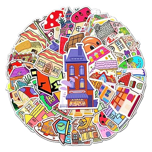 50Pcs Cartoon Houses and Castles Stickers, Vinyl Mushroom Houses Stickers for Water Bottles,Laptops,Phones,Scrapbooking,Journaling, Mug Decals-Perfect Party Favors for Kids,Boys,Girls,Teens