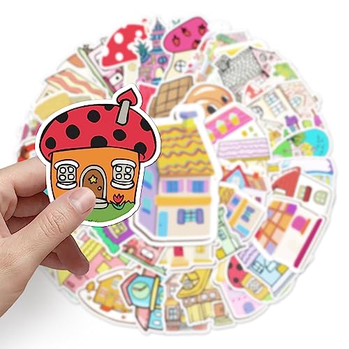 50Pcs Cartoon Houses and Castles Stickers, Vinyl Mushroom Houses Stickers for Water Bottles,Laptops,Phones,Scrapbooking,Journaling, Mug Decals-Perfect Party Favors for Kids,Boys,Girls,Teens