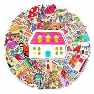 50Pcs Cartoon Houses and Castles Stickers, Vinyl Mushroom Houses Stickers for Water Bottles,Laptops,Phones,Scrapbooking,Journaling, Mug Decals-Perfect Party Favors for Kids,Boys,Girls,Teens