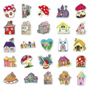 50Pcs Cartoon Houses and Castles Stickers, Vinyl Mushroom Houses Stickers for Water Bottles,Laptops,Phones,Scrapbooking,Journaling, Mug Decals-Perfect Party Favors for Kids,Boys,Girls,Teens