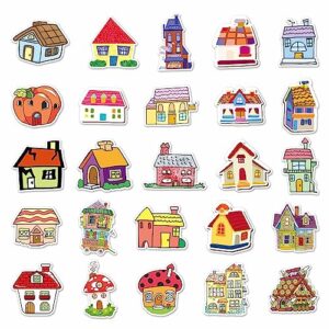 50Pcs Cartoon Houses and Castles Stickers, Vinyl Mushroom Houses Stickers for Water Bottles,Laptops,Phones,Scrapbooking,Journaling, Mug Decals-Perfect Party Favors for Kids,Boys,Girls,Teens