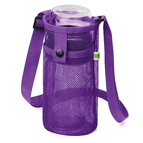 Water Bottle Bag with Strap, Mesh Water Bottle Holder Crossbody Bottle Sling Bag Adjustable Shoulder Strap and Pocket - Lightweight Water Bottle Carrier for Walking Sports Hiking Camping (Purple)