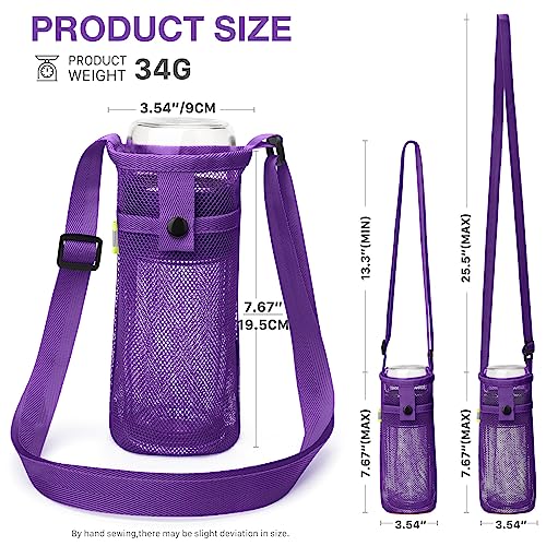 Water Bottle Bag with Strap, Mesh Water Bottle Holder Crossbody Bottle Sling Bag Adjustable Shoulder Strap and Pocket - Lightweight Water Bottle Carrier for Walking Sports Hiking Camping (Purple)