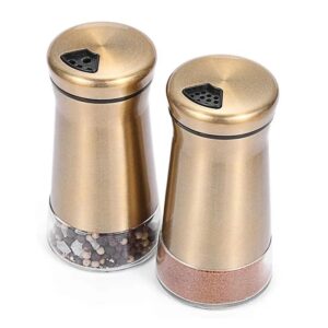 elegant copper gold salt and pepper shaker set adjustable stainless steel and glass modern design adjustable top makes it the ideal spice and seasoning dispenser kitchen sugar and cinnamon shakers