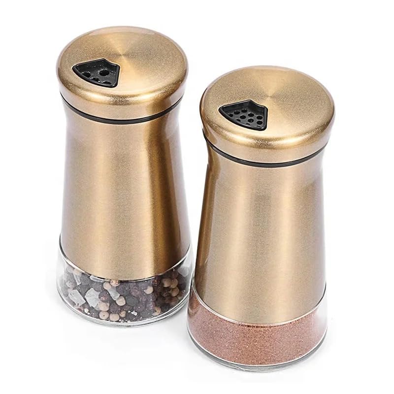 Elegant Copper Gold Salt and Pepper Shaker Set Adjustable Stainless Steel and Glass Modern Design Adjustable Top Makes it the ideal Spice and Seasoning Dispenser Kitchen Sugar and Cinnamon Shakers