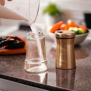 Elegant Copper Gold Salt and Pepper Shaker Set Adjustable Stainless Steel and Glass Modern Design Adjustable Top Makes it the ideal Spice and Seasoning Dispenser Kitchen Sugar and Cinnamon Shakers