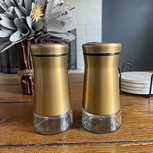 Elegant Copper Gold Salt and Pepper Shaker Set Adjustable Stainless Steel and Glass Modern Design Adjustable Top Makes it the ideal Spice and Seasoning Dispenser Kitchen Sugar and Cinnamon Shakers