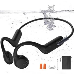 bone conduction headphones swimming, built-in 32g memory ip68 waterproof sports headphones, wireless bluetooth 5.3 open ear headphones with earplug and adjustment straps for swimming, cycling, running