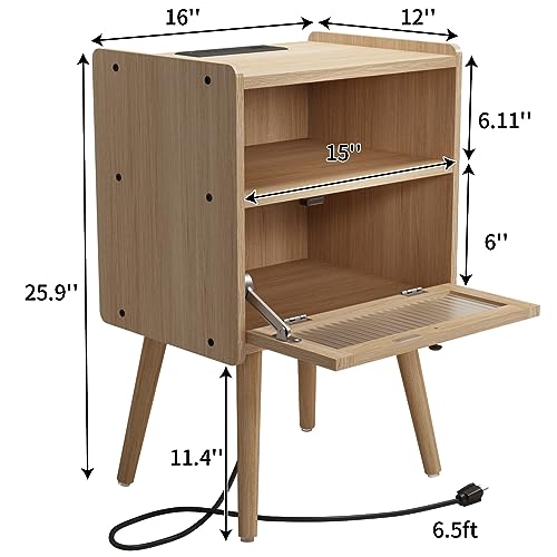 SOOWERY Mid Century Modern Nightstand with Charging Station, Bedside Tables with Glass Door, End Table Side Table with 2 Tiers Storage Space, for Bedroom, Living Room, Natural