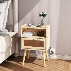 SOOWERY Mid Century Modern Nightstand with Charging Station, Bedside Tables with Glass Door, End Table Side Table with 2 Tiers Storage Space, for Bedroom, Living Room, Natural