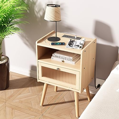 SOOWERY Mid Century Modern Nightstand with Charging Station, Bedside Tables with Glass Door, End Table Side Table with 2 Tiers Storage Space, for Bedroom, Living Room, Natural