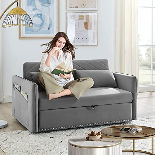 ERYE 3-in-1 Loveseat Futon Sofa Convertible Queen Size Pull Out Sleeper Couch Bed & Reclining Backrest for Living Room Furniture Sets Sofabed, Gray Twin Velvet 2 Pillows Side Pockets USB Port