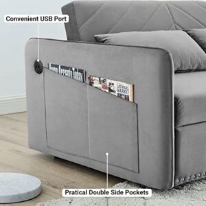 ERYE 3-in-1 Loveseat Futon Sofa Convertible Queen Size Pull Out Sleeper Couch Bed & Reclining Backrest for Living Room Furniture Sets Sofabed, Gray Twin Velvet 2 Pillows Side Pockets USB Port