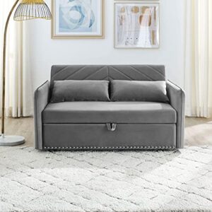 ERYE 3-in-1 Loveseat Futon Sofa Convertible Queen Size Pull Out Sleeper Couch Bed & Reclining Backrest for Living Room Furniture Sets Sofabed, Gray Twin Velvet 2 Pillows Side Pockets USB Port