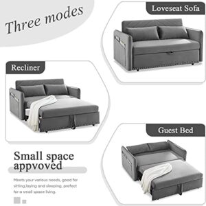 ERYE 3-in-1 Loveseat Futon Sofa Convertible Queen Size Pull Out Sleeper Couch Bed & Reclining Backrest for Living Room Furniture Sets Sofabed, Gray Twin Velvet 2 Pillows Side Pockets USB Port