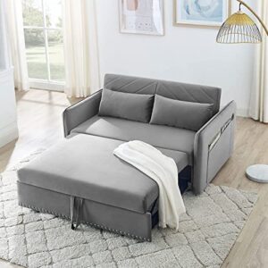 ERYE 3-in-1 Loveseat Futon Sofa Convertible Queen Size Pull Out Sleeper Couch Bed & Reclining Backrest for Living Room Furniture Sets Sofabed, Gray Twin Velvet 2 Pillows Side Pockets USB Port