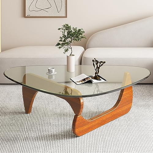 Mid-Century Modern Coffee Table - Triangle Glass Top Natural Wood Base Triangle Coffee Table for Living Room Patio Office Abstract End Tables (Walnut/Transparent, Small 32.2 * 22.4 * 16in)