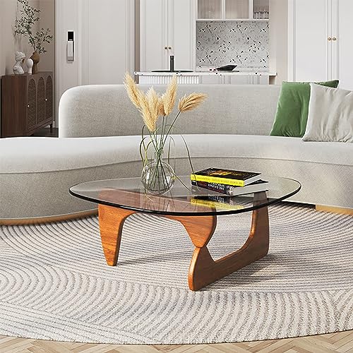 Mid-Century Modern Coffee Table - Triangle Glass Top Natural Wood Base Triangle Coffee Table for Living Room Patio Office Abstract End Tables (Walnut/Transparent, Small 32.2 * 22.4 * 16in)