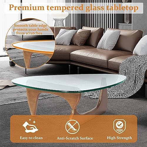 Mid-Century Modern Coffee Table - Triangle Glass Top Natural Wood Base Triangle Coffee Table for Living Room Patio Office Abstract End Tables (Walnut/Transparent, Small 32.2 * 22.4 * 16in)