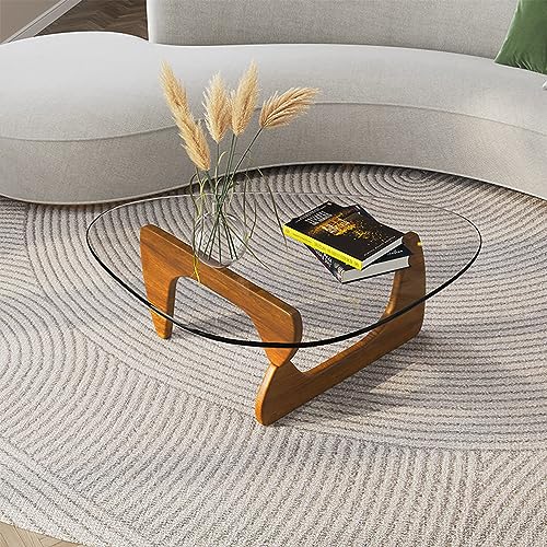 Mid-Century Modern Coffee Table - Triangle Glass Top Natural Wood Base Triangle Coffee Table for Living Room Patio Office Abstract End Tables (Walnut/Transparent, Small 32.2 * 22.4 * 16in)