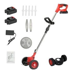 cordless grass trimmer weed wacker, battery powered 21v 2000mah weed eater, 3-in-1 wheeled stringless weed cutter, lightweight adjustable height electric lawn mower, lawn tool edger red us plug