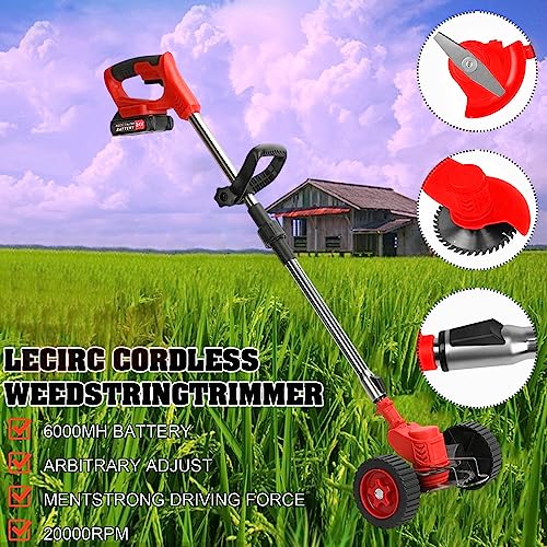 Cordless Grass Trimmer Weed Wacker, Battery Powered 21V 2000mAh Weed Eater, 3-in-1 Wheeled Stringless Weed Cutter, Lightweight Adjustable Height Electric Lawn Mower, Lawn Tool Edger Red US Plug