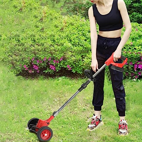 Cordless Grass Trimmer Weed Wacker, Battery Powered 21V 2000mAh Weed Eater, 3-in-1 Wheeled Stringless Weed Cutter, Lightweight Adjustable Height Electric Lawn Mower, Lawn Tool Edger Red US Plug