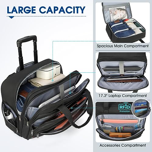 Rolling Laptop Bag Women Men Rolling Briefcase for Women with Wheels 17.3 Inch Rolling Computer Bags Laptop Case for Work Travel Business Laptop Roller Bag Overnight with RFID Pockets Carry on, Black