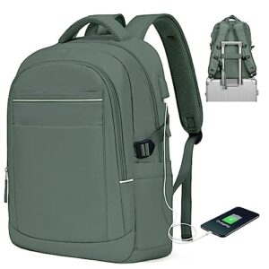 travel laptop carry on backpack for women men, airline flight approved waterproof 14 inch laptop backpack, casual daypack college personal item bag rucksack with usb charging port for business, green