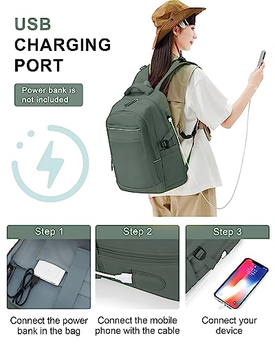 Travel Laptop Carry on Backpack for Women Men, Airline Flight Approved Waterproof 14 Inch Laptop Backpack, Casual Daypack College Personal item Bag Rucksack with USB Charging Port for Business, Green