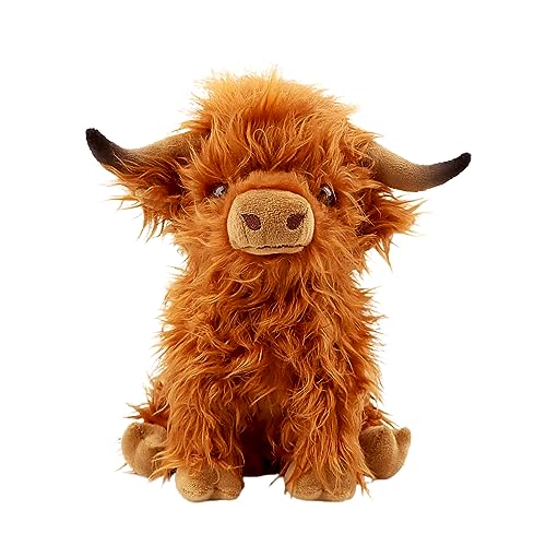 rivoeis 10.5 inches Highland Cow Stuffed Animals, Cute Fluffy Cow Plush Figure Toys Realistic Highland Cattle Plush Decor for Kids Baby Girls Boys Birthday Gifts