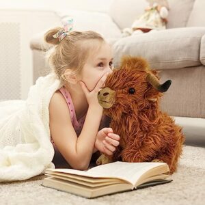 rivoeis 10.5 inches Highland Cow Stuffed Animals, Cute Fluffy Cow Plush Figure Toys Realistic Highland Cattle Plush Decor for Kids Baby Girls Boys Birthday Gifts