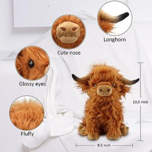 rivoeis 10.5 inches Highland Cow Stuffed Animals, Cute Fluffy Cow Plush Figure Toys Realistic Highland Cattle Plush Decor for Kids Baby Girls Boys Birthday Gifts