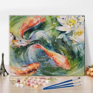 TISHIRON Paint by Numbers Lotus and Fish Paint by Numbers Natural Pond Illustration Printing Adults Kids Beginner Easy Number for Oil Craft Painting 16x20 Inch.