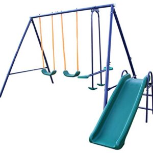 WIIS' IDEA Metal Swing Set for Backyard, Swing Set for Kids Toddler Age 3-8, Outdoor Heavy Duty Extra Large Swing Set with 2 Swing Adjustable Swing Seat, 1 Swing Glider, 1 Slide