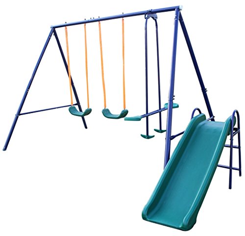 WIIS' IDEA Metal Swing Set for Backyard, Swing Set for Kids Toddler Age 3-8, Outdoor Heavy Duty Extra Large Swing Set with 2 Swing Adjustable Swing Seat, 1 Swing Glider, 1 Slide