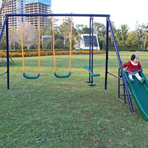 WIIS' IDEA Metal Swing Set for Backyard, Swing Set for Kids Toddler Age 3-8, Outdoor Heavy Duty Extra Large Swing Set with 2 Swing Adjustable Swing Seat, 1 Swing Glider, 1 Slide