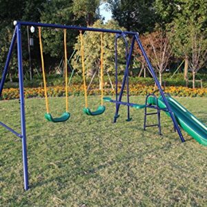 WIIS' IDEA Metal Swing Set for Backyard, Swing Set for Kids Toddler Age 3-8, Outdoor Heavy Duty Extra Large Swing Set with 2 Swing Adjustable Swing Seat, 1 Swing Glider, 1 Slide