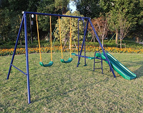 WIIS' IDEA Metal Swing Set for Backyard, Swing Set for Kids Toddler Age 3-8, Outdoor Heavy Duty Extra Large Swing Set with 2 Swing Adjustable Swing Seat, 1 Swing Glider, 1 Slide