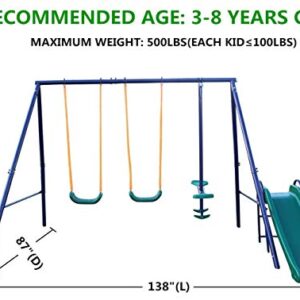 WIIS' IDEA Metal Swing Set for Backyard, Swing Set for Kids Toddler Age 3-8, Outdoor Heavy Duty Extra Large Swing Set with 2 Swing Adjustable Swing Seat, 1 Swing Glider, 1 Slide