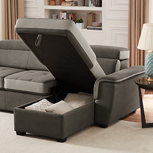 Pull-Out Sleeper Sofa, Faux Leather Sectional Sofa Bed, Modern Tufted L Shaped Conversible Sleeper Couch with Storage Chaise for Living Room