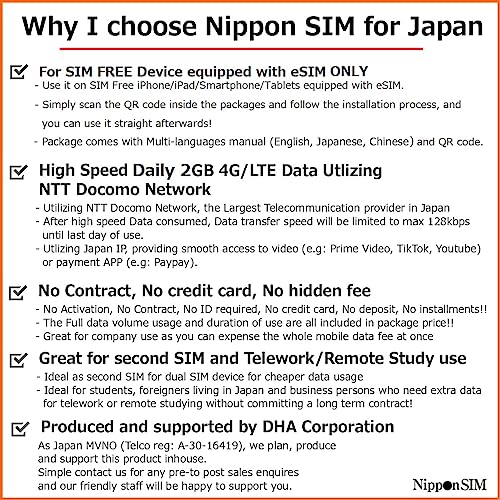 [eSIM Device only] Nippon SIM for Japan (Unlimited* Edition) 15days 4G-LTE Data Docomo Network, QR Code (No Voice/SMS) Supports tethering, Japan Local Supports, 短期帰国・短期来日最適 メーカーサポートより安心